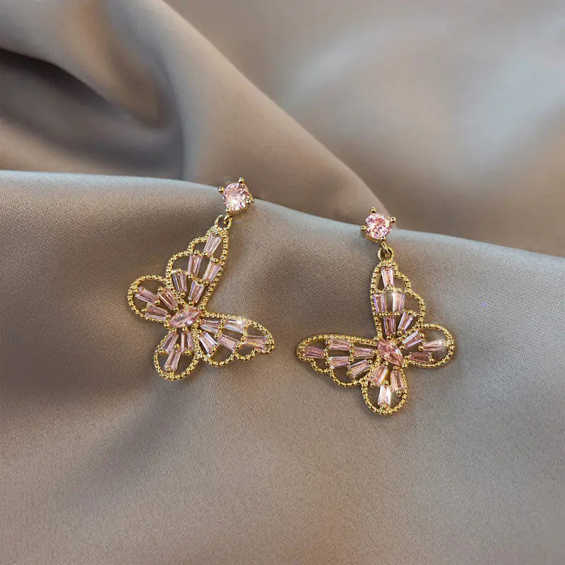 Luxury Pink Zircon Butterfly Stud Earrings for Women