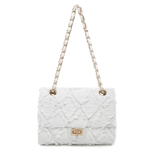 Women Small Shoulder Bags. Quilted Crossbody Distressed Jean Denim Purse, Evening Clutch Handbag with Chain Strap