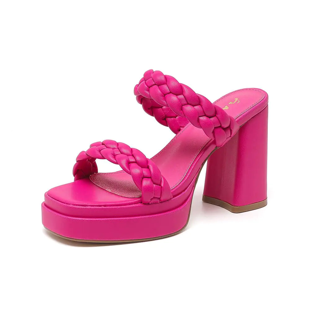 Womens Pink Platform Heels. Chunky Heeled Braided Sandals, Block Thick shoes. Size 9.5