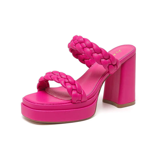 Womens Pink Platform Heels. Chunky Heeled Braided Sandals, Block Thick shoes. Size 9.5