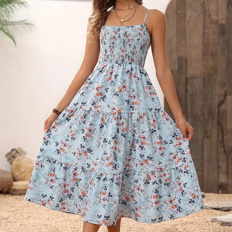Womens Summer Floral Midi Dress. Smocked Spaghetti Strap Sleeveless Tiered Casual Flowy Dresses