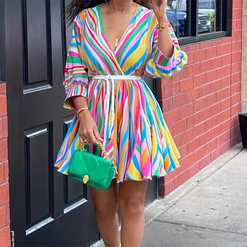 Women's V-Neck Rainbow Stripe Short Dress. Three Quarters Sleeve Casual Summer Sundress With Tie Waist