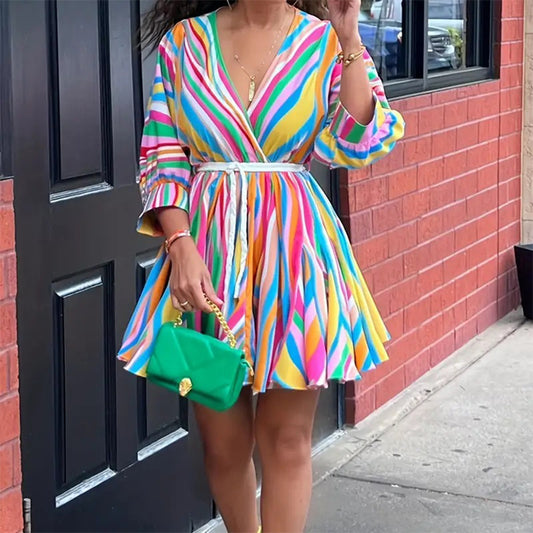 Women's V-Neck Rainbow Stripe Short Dress. Three Quarters Sleeve Casual Summer Sundress With Tie Waist
