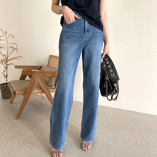 Korean Style Rolled-up Casual Jeans. High Waist Slim Straight Leg Pants Women