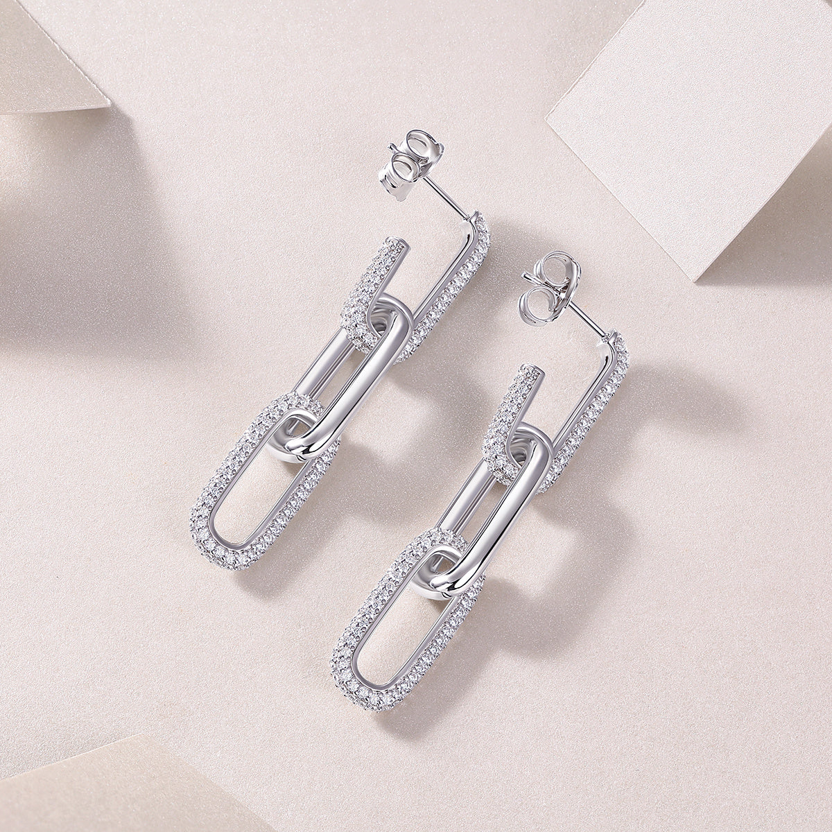 Chain Luxury Fashion Diamond Earrings. Stud Set With Mosan Diamond Silver Ornaments