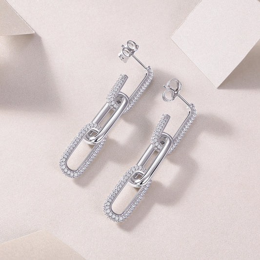 Chain Luxury Fashion Diamond Earrings. Stud Set With Mosan Diamond Silver Ornaments