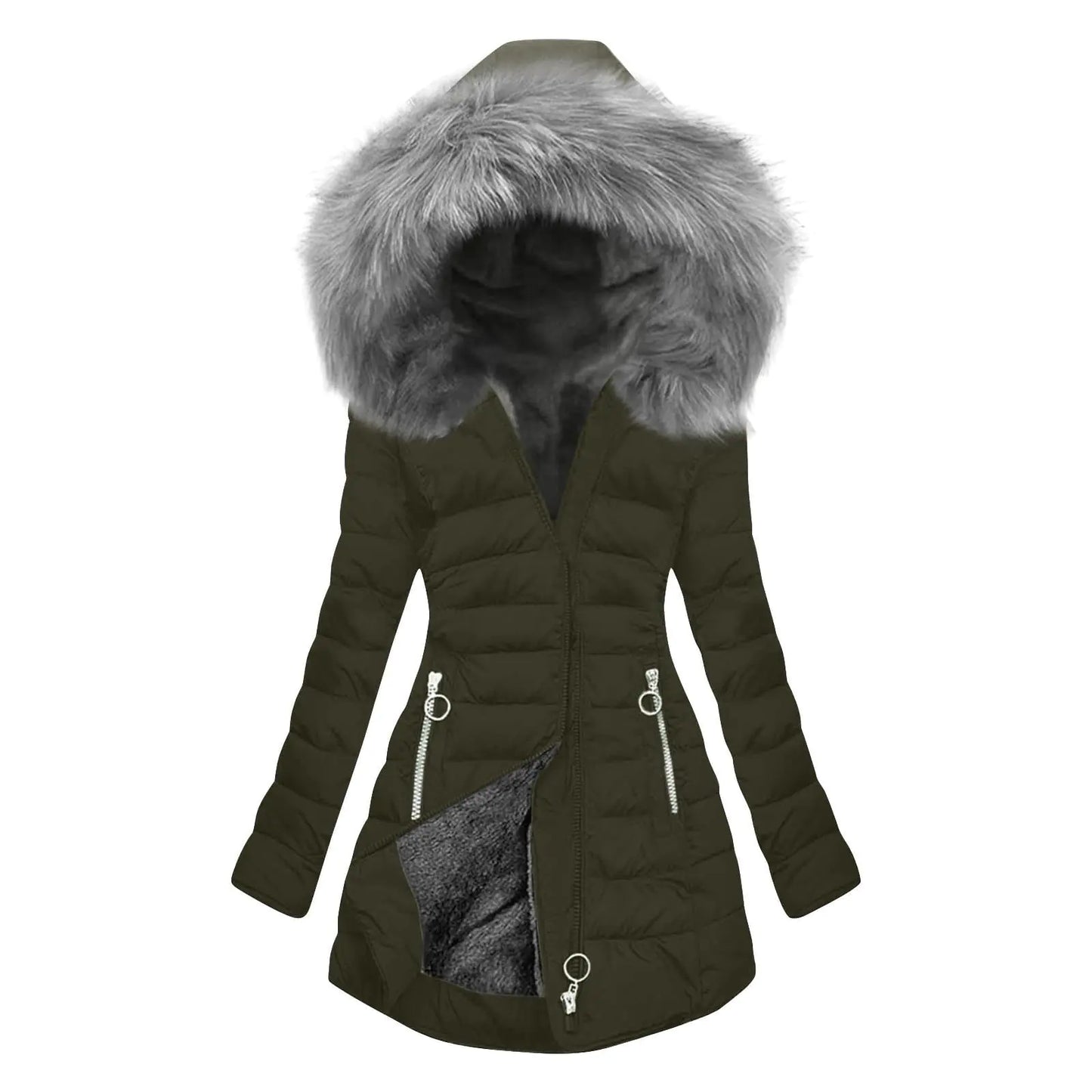 Mid Length Sherpa Lined Warm Heavy Jackets. Thickened Windproof Women Winter Coats, Outerwear With Fur Hood