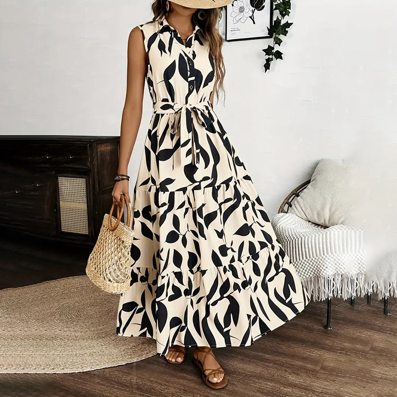 Women Sleeveless Boho Floral Maxi Dress. Summer V Neck Flowy Belted Beach Vacation Dresses