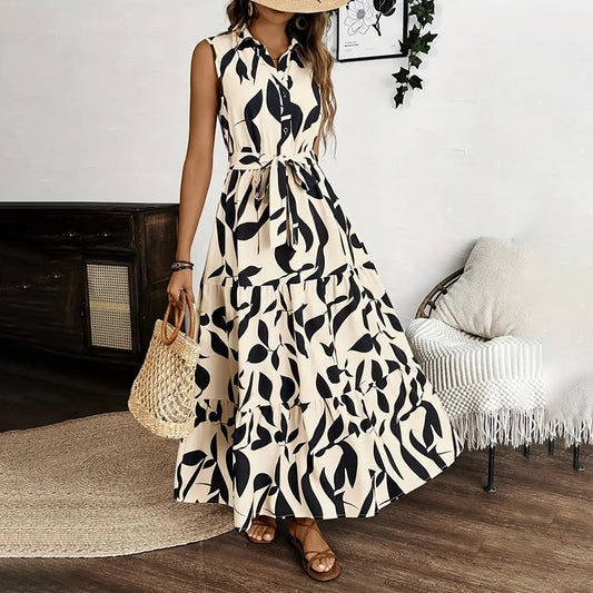 Women Sleeveless Boho Floral Maxi Dress. Summer V Neck Flowy Belted Beach Vacation Dresses
