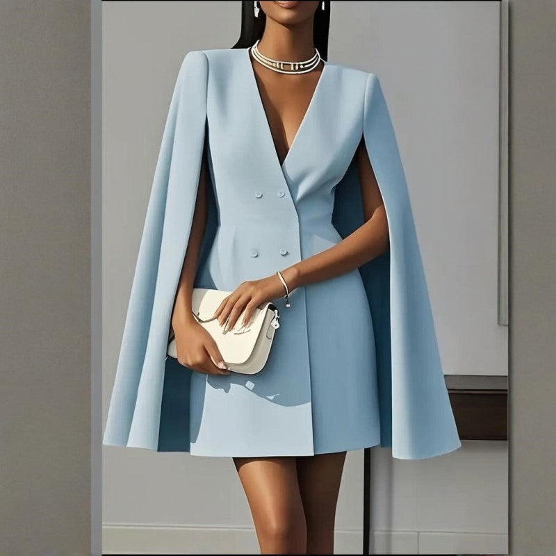 Women's Elegant Solid Color V Neck Cape Blazer Dresses. Spring & Summer Party Banquet Outfit
