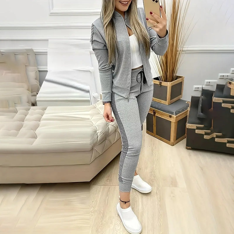Print & Plaid Zip-Front Top and Tie-Waist Pants Set, 2-Piece Casual Loungewear For Women Spring And Fall