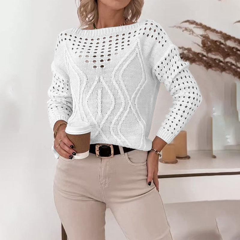 Women's Casual Long Sleeve Crew Neck Blouse. Lightweight Hollow Out Pullover Sweater Tops