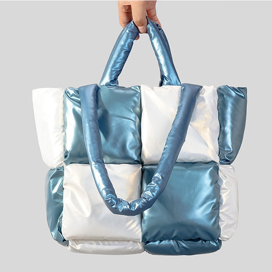 Winter Color Matching Down Cotton-padded Coat Tote Bag. Soft Plaid Shoulder Bags