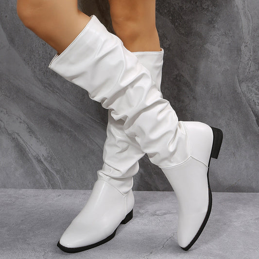 Long White Cowboy Women Boots. Pointed Toe Shoes