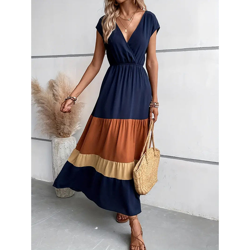 Women's Color Block Maxi Dresses V Neck Sleeveless Tiered Casual Dresses Loose Sundress