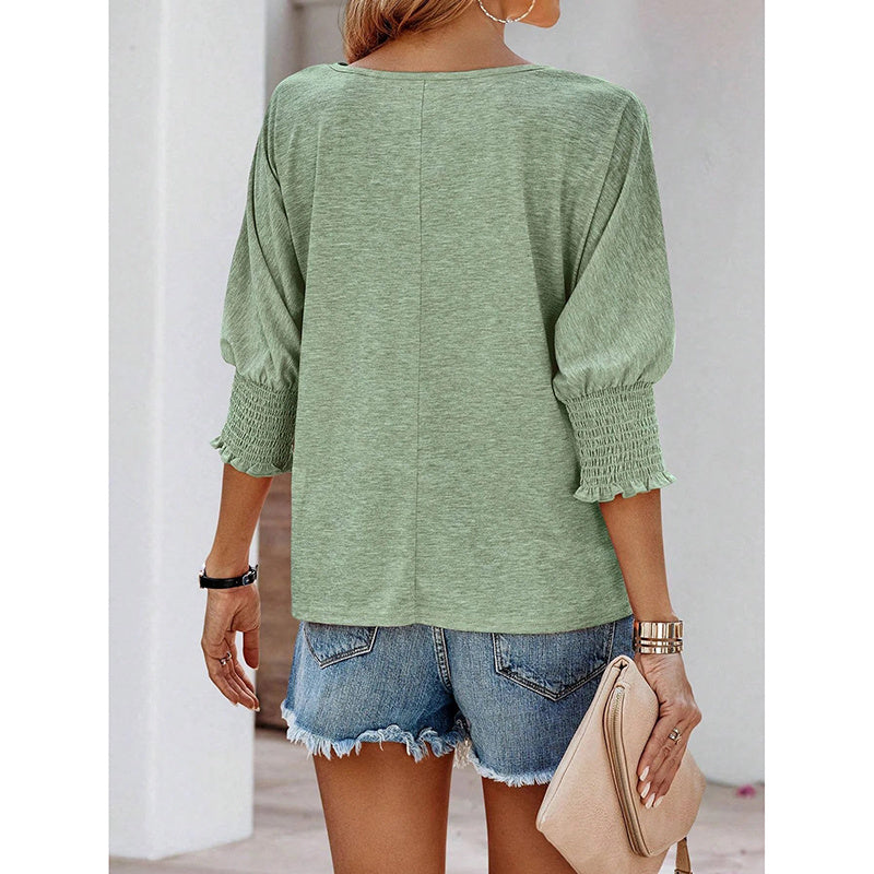 Womens Loose Fit Round Neck Smocked Cuffs Shirts Casual Solid Color Blouses