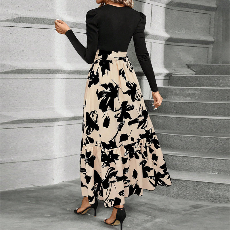 Women's Round Neck Long Sleeve Dresses. Patchwork Print & Pleated Spring & Fall Maxi Dress