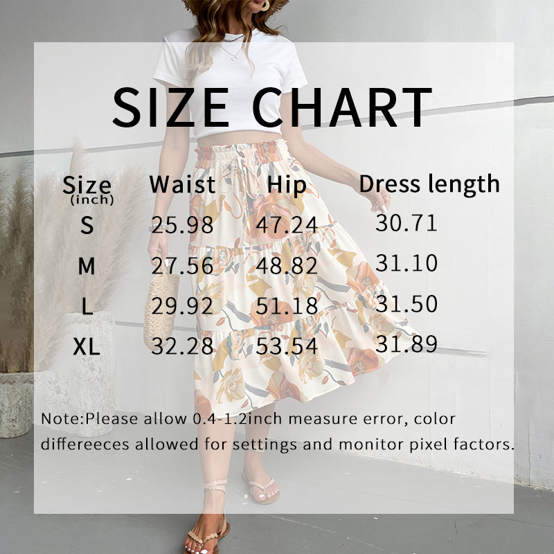 Women's Floral Tiered Midi Skirt. Elastic Waist Dressy Casual A-line Flowy Boho Skirts