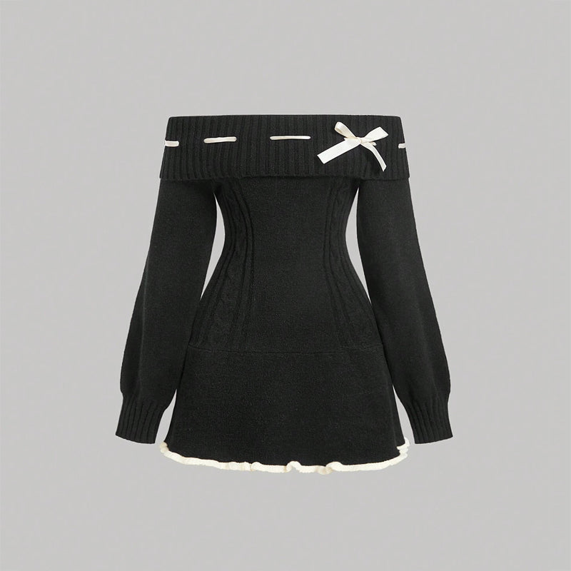Women's Black Off-Shoulder Knit Dress, Long Sleeve Mini Dress With Lace Trim For Spring & Fall