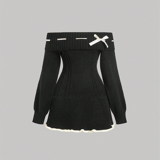 Women's Black Off-Shoulder Knit Dress, Long Sleeve Mini Dress With Lace Trim For Spring & Fall
