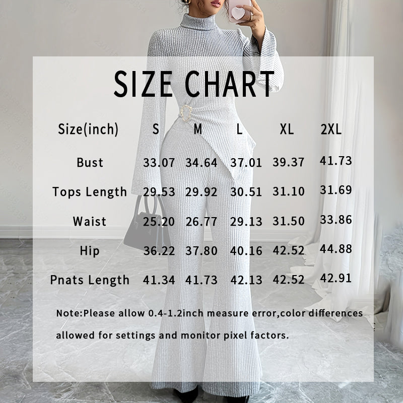 Womens 2 Piece Outfits. Turtleneck Matching Lounge Set, Flare Sleeve Asymmetrical Top & Wide Leg Pants