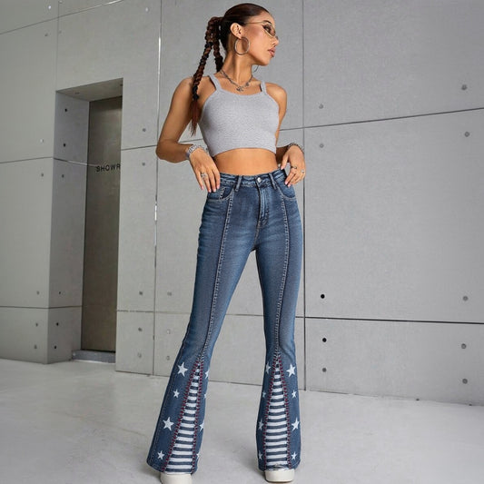 High Waisted Star Patchwork Flare Pants. 4th Of July Outfits For Women, Bell Bottom Denim Pants, Slim Fit Curve Enhancing Soft Stretch Fabric