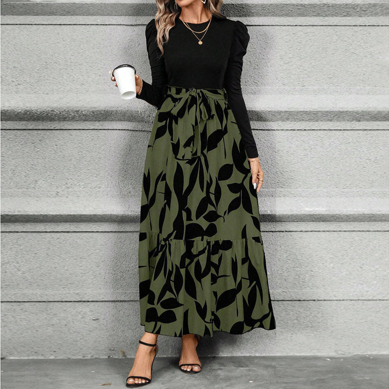 Women's Round Neck Long Sleeve Dresses. Patchwork Print & Pleated Spring & Fall Maxi Dress