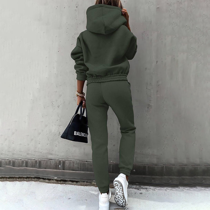 Women's Casual 2-Piece Tracksuit, Solid Color Hooded Sweatshirt And Slim Fit Jogger Pants, For Autumn And Winter