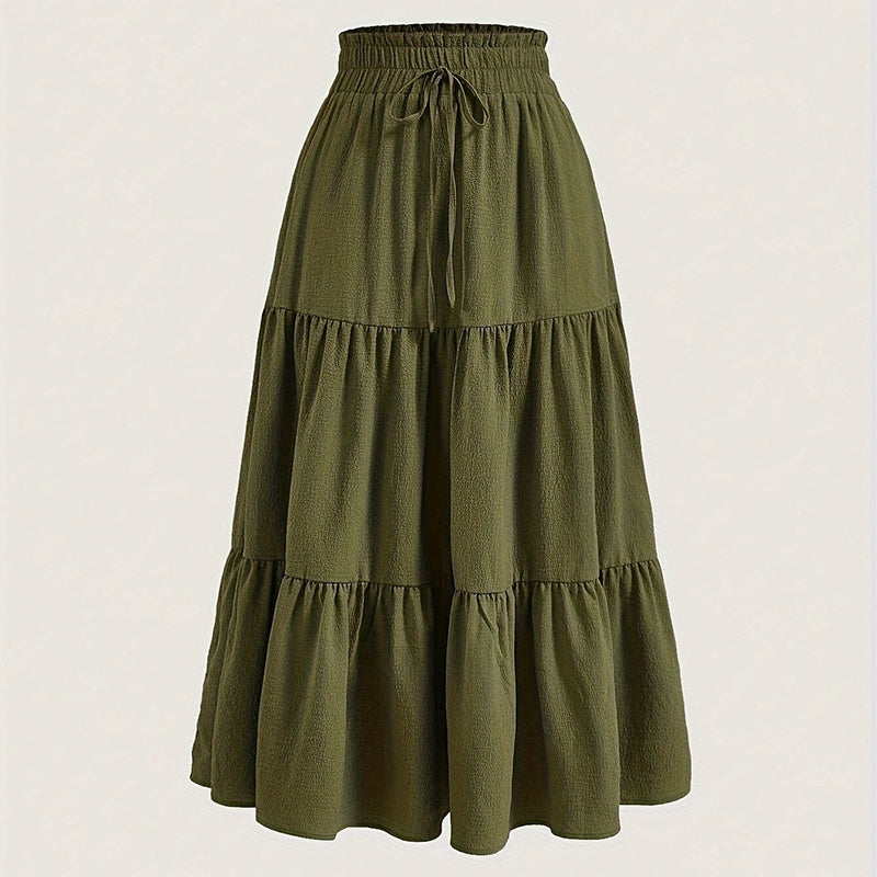 Women's Solid Color High-Waist. Knot Detail Flowy Pleated Midi Skirt - Elegant A-Line Skirt For Spring Summer
