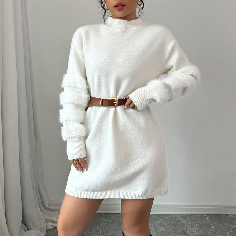 Women's Plush Long Sleeve Mini Dress, Solid Color A-Line Fitted Dress, With Faux Fur Trim For Winter Parties
