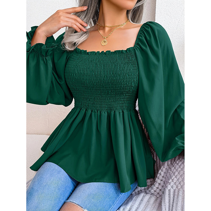 Women's Peplum Tops. Square Neck Ruffle Trim Long Sleeve Blouse, Smocked Top Dressy Casual Shirts