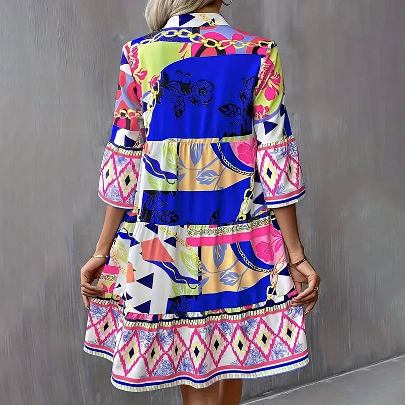 Womens Mini Dress. Casual V-Neck Printed Flared dress, Sleeve Pleated Short Beach Dresses