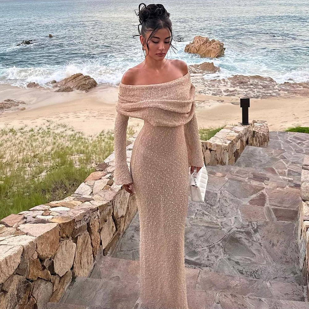One-shoulder Knitted Long-sleeved Dress. Sexy Beach Holiday Long Dresses Womens Clothing