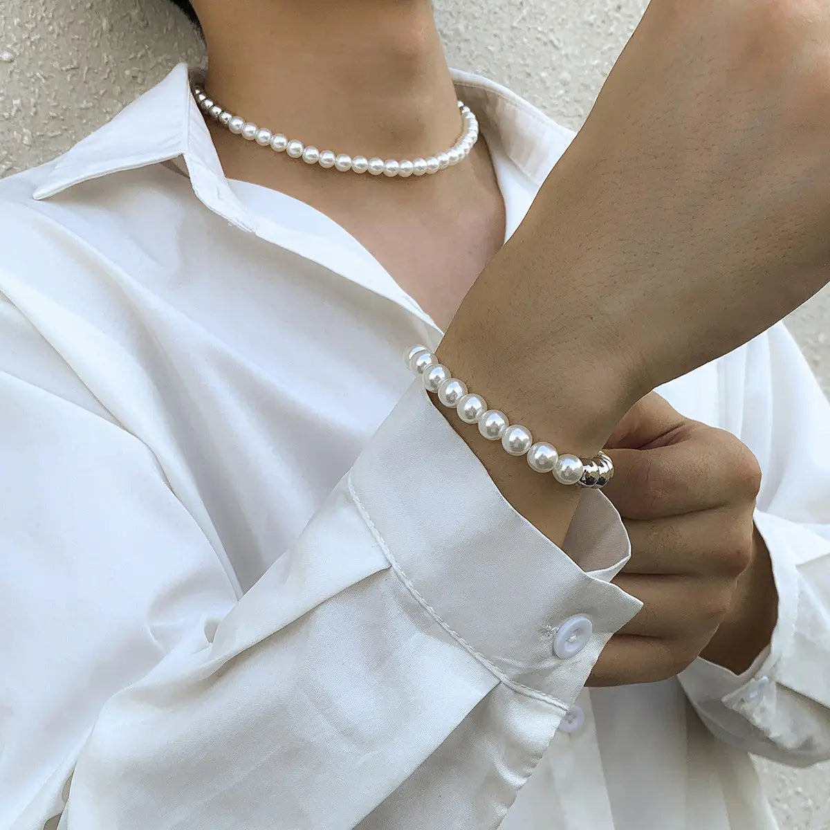 Minimalist Pearl Necklace and Bracelet Set for Men and Women