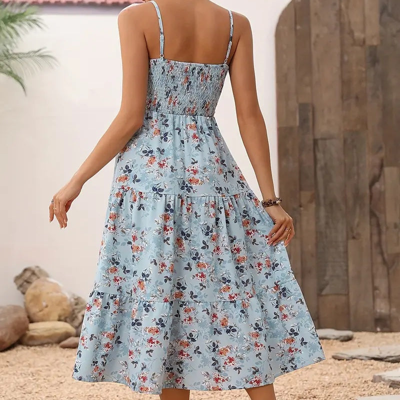 Womens Summer Floral Midi Dress. Smocked Spaghetti Strap Sleeveless Tiered Casual Flowy Dresses