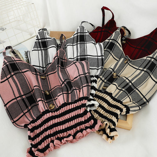 P601 Ruffled Hem Checkered Summer Knit Tank Top