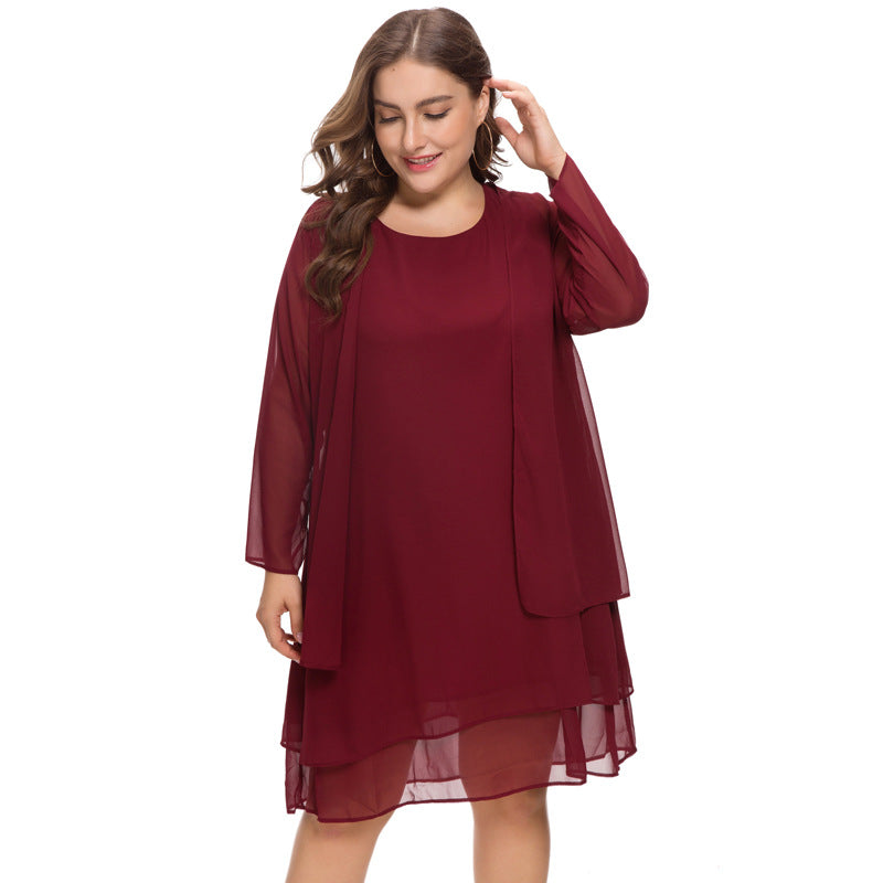 Plus Size Women's Chiffon Long-sleeved 2-piece Dress
