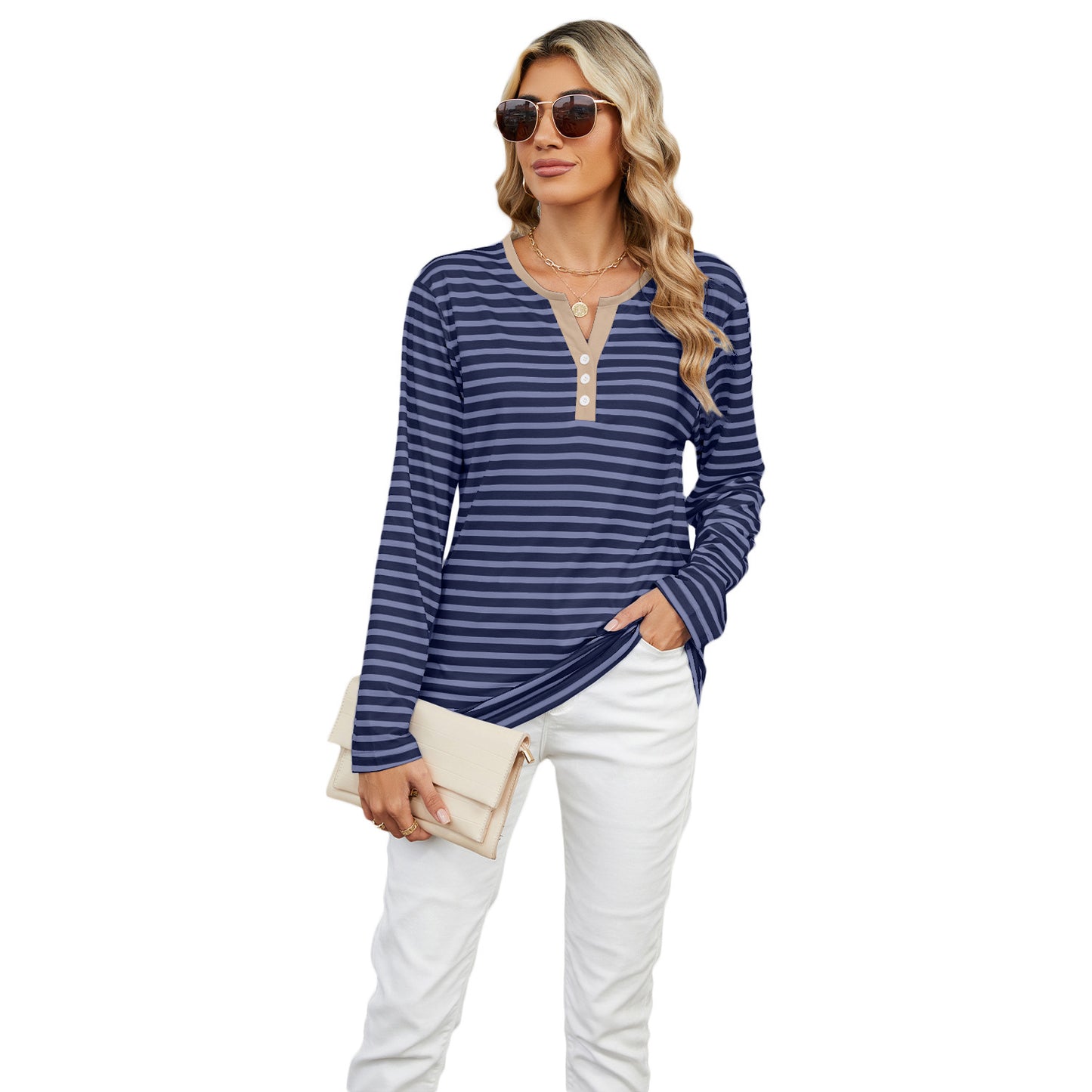 Women's V-neck Striped Loose Long-sleeved T-shirt Tops