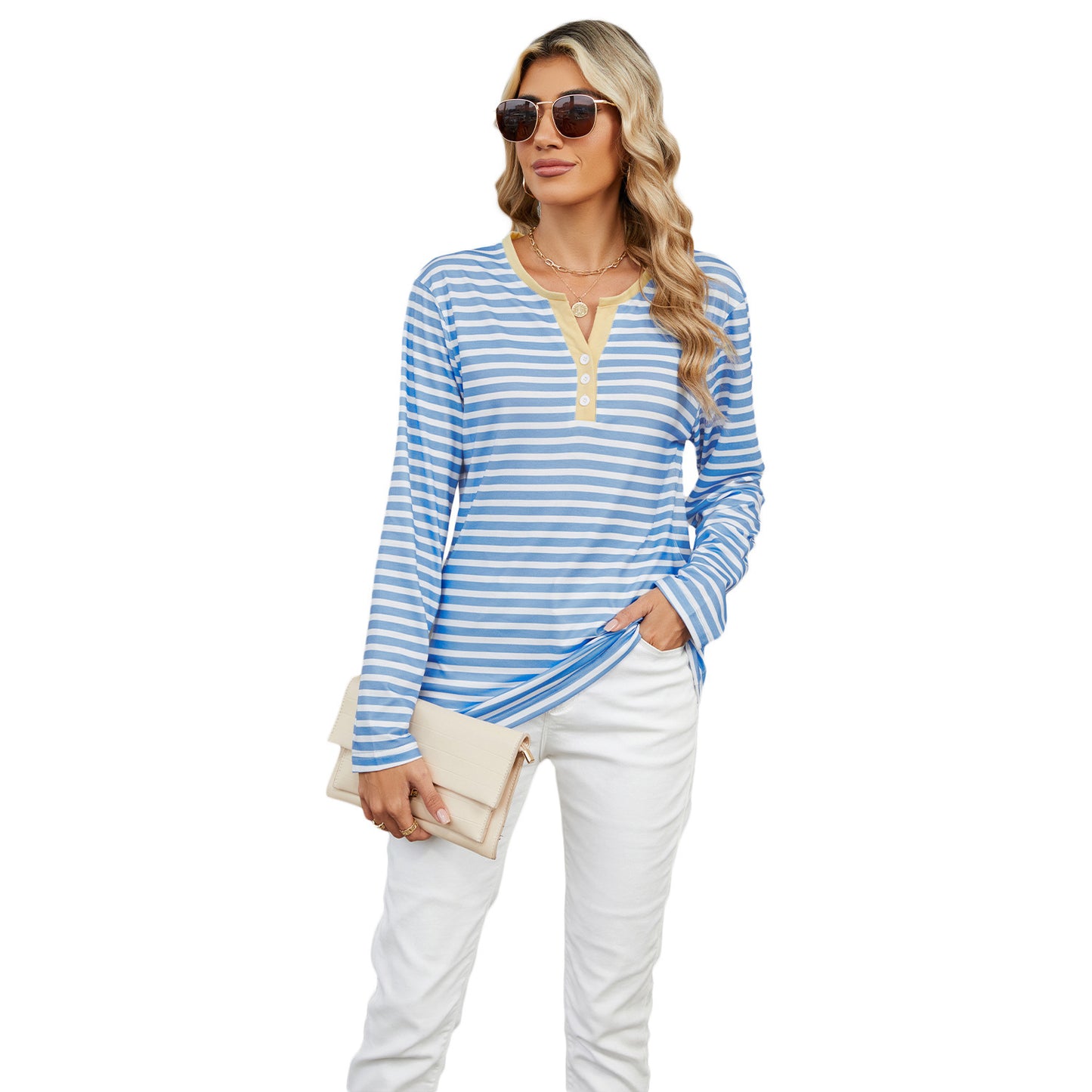 Women's V-neck Striped Loose Long-sleeved T-shirt Tops