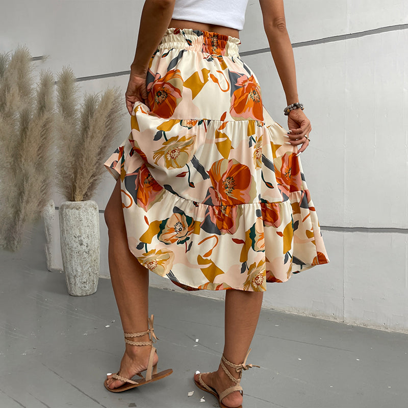 Women's Floral Tiered Midi Skirt. Elastic Waist Dressy Casual A-line Flowy Boho Skirts