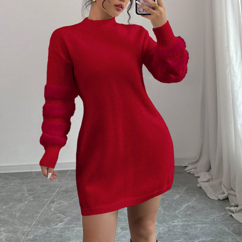Women's Plush Long Sleeve Mini Dress, Solid Color A-Line Fitted Dress, With Faux Fur Trim For Winter Parties