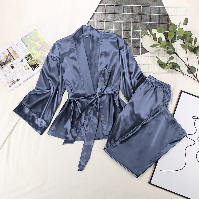 Solid Women’s Satin 2-Piece Pajama Set with Sashes