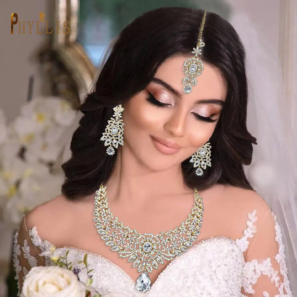 C30 Wedding Forehead Chain Necklace Earrings Set