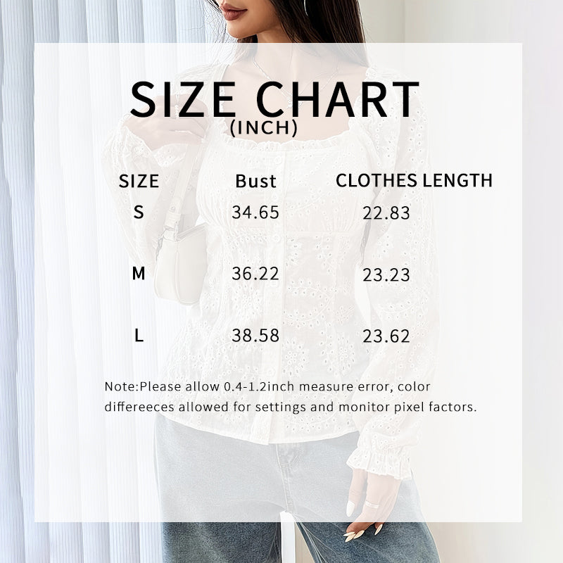 Women's Square Neck Puff Sleeve top. Eyelet Lace Hollow Out Button Blouse