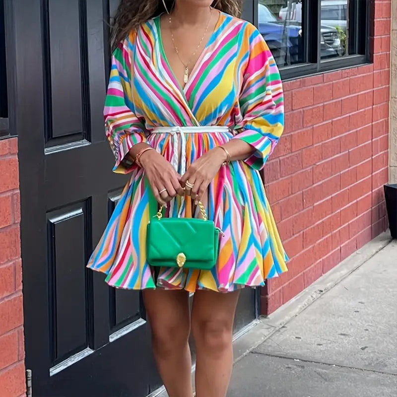 Women's V-Neck Rainbow Stripe Short Dress. Three Quarters Sleeve Casual Summer Sundress With Tie Waist