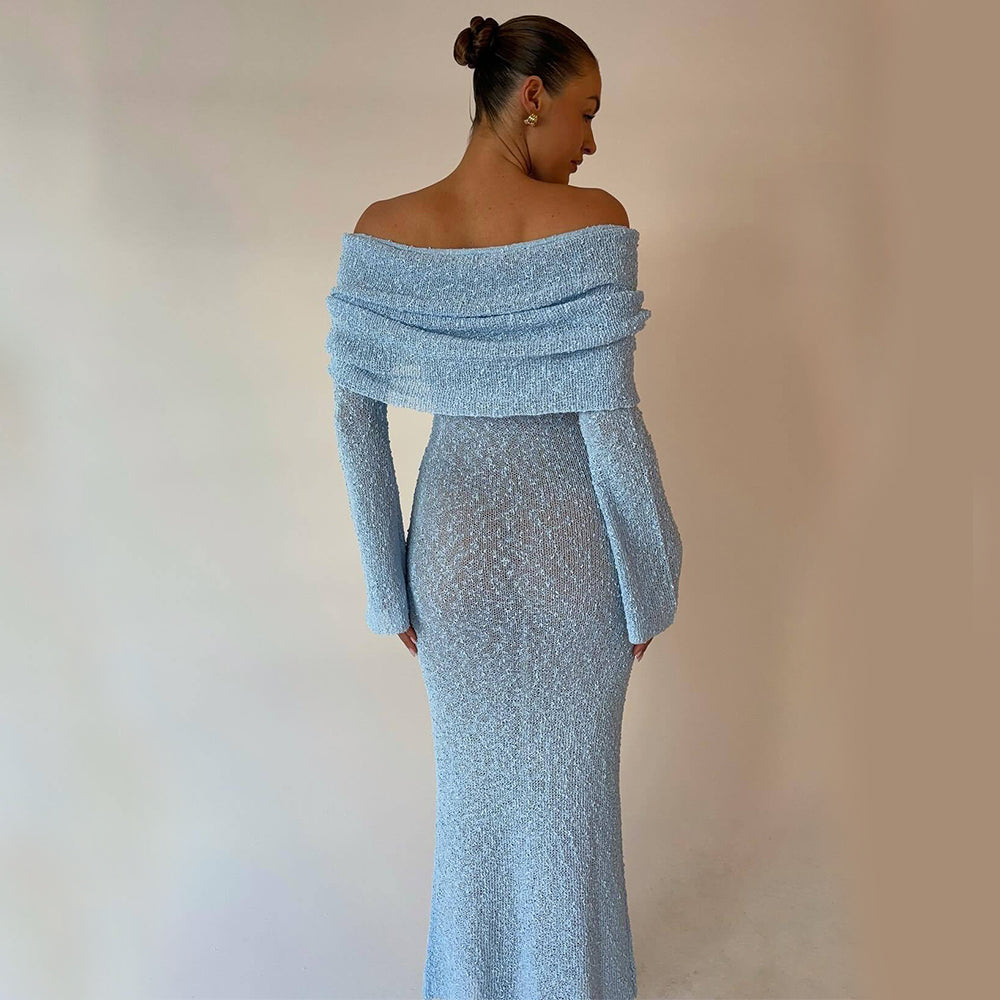One-shoulder Knitted Long-sleeved Dress. Sexy Beach Holiday Long Dresses Womens Clothing