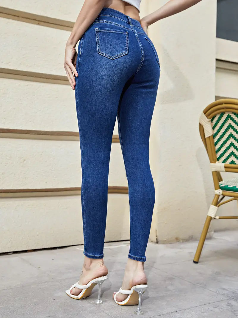 Dark Blue Slim Fit Cropped Denim Pants for Women