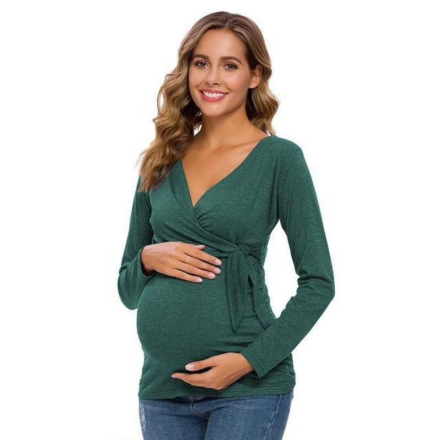 Long Sleeve V Neck Maternity Blouses and Tops