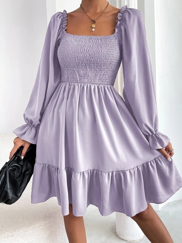 Flared Long Sleeve Women Square Neck Ruffled Swing Dresses