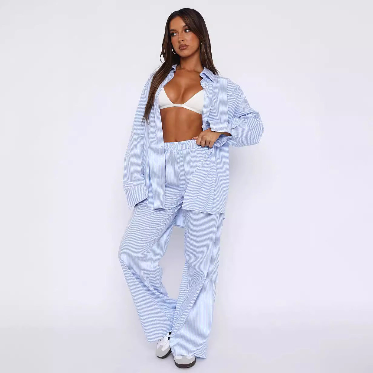 Fashion Y2K Striped Straight Trousers. Summer Elastic High Waist Wide Leg Pants For Women